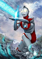 absurdres alien energy energy_beam epic feelone glowing glowing_eyes ground_shatter highres kneeling looking_ahead no_humans on_one_knee particle_beam particles solo spacium_beam superhero_costume tokusatsu tsuburaya_productions ultra_series ultraman ultraman_(1st_series) yellow_eyes