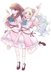 Rule 34 | 2girls, 4th live dream ~bloom the dream believers~, :d, ;o, ascot, blonde hair, blowing kiss, blue ascot, blue hair, breasts, brown hair, commentary request, dream believers, dress, floating hair, flower, flower stand art, frilled ascot, frilled dress, frills, fujishima megumi, full body, hair flower, hair ornament, highres, holding another&#039;s arm, index finger raised, large breasts, leg up, link! like! love live!, long hair, love live!, medium breasts, medium dress, mira-cra park!, multiple girls, official alternate costume, one eye closed, open mouth, osawa rurino, pink dress, pink flower, purple eyes, short sleeves, simple background, smile, socks, standing, standing on one leg, two side up, virtual youtuber, watage modoki, white background, white socks