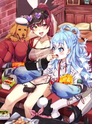 2girls absurdres ama_(pixiv_50406250) bikini black_hat black_jacket blue_hair breasts chips_(food) cleavage controller dog earrings eyewear_on_head food game_controller gold_earrings gold_necklace hat heart heart_earrings heart_necklace highres holding holding_food hololive hololive_indonesia houshou_marine houshou_marine_(summer) jacket jewelry kobo_kanaeru kobo_kanaeru_(1st_costume) large_breasts long_hair looking_at_viewer multiple_girls necklace official_alternate_costume ponytail potato_chips red_bikini red_eyes red_hair see-through_clothes see-through_shirt shirt shorts small_breasts smile sunglasses swimsuit very_long_hair virtual_youtuber white_hair white_jacket white_shirt white_shorts yellow_eyes