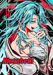 1girl :d artist_name bare_shoulders blue_hair breasts cleavage dress green_eyes grey_dress hakyusiku hand_up highres hissabeth jacket long_hair looking_at_viewer off_shoulder open_mouth red_pupils reverse:1999 signature sleeveless sleeveless_dress smile snake snake_on_head solo spaghetti_strap twitter_username upper_body watermark white_jacket