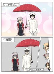 4girls absurdres anger_vein azur_lane cleveland_(azur_lane) columbia_(azur_lane) commander_(azur_lane) denver_(azur_lane) eyewear_on_head gekkan_shoujo_nozaki-kun grey_hair hat highres holding holding_umbrella military_uniform montpelier_(azur_lane) multiple_girls naval_uniform ozawa_ari parody peaked_cap rain shaded_face shared_umbrella siblings sisters sweatdrop umbrella voice_actor_connection white_hat you&#039;re_doing_it_wrong yuto_akaji
