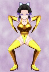1girl absurdres barefoot black_hair boots bowlegged_pose breasts butterfly_hair_ornament cameltoe cleavage closed_eyes collarbone corruption covered_navel evil_grin evil_smile gloved_sleeves gluteal_fold gold_leotard grin haigure_pose hair_ornament high_heels highleg highleg_leotard highres kimetsu_no_yaiba kochou_shinobu latex latex_leotard leotard looking_at_viewer mind_control multicolored_hair parted_bangs purple_hair sansiki_high_gle shaded_face short_hair smile solo thigh_boots v-shaped_eyebrows