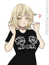 Rule 34 | 1girl, blonde hair, breasts, closed eyes, d20 (die), dice, dungeon meshi, faenatical, falin touden, falin touden (tallman), heart, highres, large breasts, polyhedral dice, print shirt, shirt, short hair, smile, solo, text print, white background