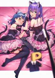 2girls ahoge animal_ears black_thighhighs blue_eyes blue_hair blurry blurry_foreground blush braid cat_ears cat_tail detached_sleeves dress gloves highres idolmaster idolmaster_million_live! idolmaster_million_live!_theater_days looking_at_viewer mochizuki_anna multiple_girls nanao_yuriko no_shoes open_mouth purple_hair shennai_misha tail thighhighs yellow_eyes