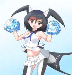 Rule 34 | 1girl, absurdres, bare shoulders, barn swallow (kemono friends), black hair, black pantyhose, black shirt, blonde hair, blue necktie, blush, brown eyes, collared shirt, cowboy shot, hair between eyes, highres, kemono friends, kemono friends 3, looking at viewer, midriff peek, multicolored hair, navel, necktie, nokemono-san (bocchi friend), open mouth, pantyhose, pleated skirt, pom pom (cheerleading), red hair, shirt, short hair, sidelocks, skirt, sleeveless, smile, solo, two-tone pantyhose, two-tone shirt, white pantyhose, white shirt, white skirt