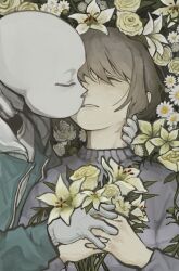 1boy 1other blue_jacket brown_hair closed_eyes flower flower_bed flower_request frisk_(undertale) gloves grey_sweater hand_on_another&#039;s_hand hand_on_another&#039;s_neck highres jacket kiss minominoks own_hands_together parted_lips sans_(undertale) shirt short_hair skeleton sweater undertale upper_body white_gloves white_shirt