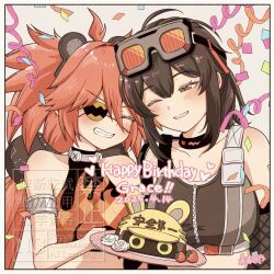2girls bangboo_(zenless_zone_zero) bare_shoulders bear_ear_hairband black_hair black_sports_bra crop_top eyepatch flame_print goggles goggles_on_head grace_howard happy_birthday highres koleda_belobog long_hair multiple_girls orange_eyes parted_lips qoxo_0 red_hair smile sports_bra upper_body zenless_zone_zero