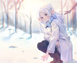 1girl arm_on_knee bare_tree black_pants blue_scarf boots brown_boots buttons chinese_commentary coat commentary_request double-breasted earrings elf eyelashes fingernails frieren full_body green_eyes highres jewelry light_blush long_hair long_sleeves nangongqianhe open_mouth outdoors pants pointy_ears scarf shadow snow solo sousou_no_frieren squatting sun sunlight sunrise tree twintails white_coat white_hair winter winter_clothes winter_coat