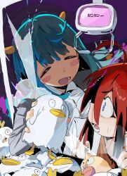 Rule 34 | 2girls, absurdres, aqua hair, blue eyes, broken glass, closed eyes, commentary, crane game, elizabeth (gintama), gintama, glass, highres, hipa (some1else45), horns, kinnikuman, kinnikuman (character), long hair, multiple girls, nahia (some1else45), open mouth, original, red hair, some1else45, stuffed toy, sweatdrop