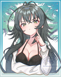 1girl absurdres antenna_hair arm_under_breasts bikini black_bikini breasts cleavage commentary english_commentary finger_to_cheek fingernails gakuen_idolmaster green_eyes green_hair hair_flaps halterneck highres idolmaster jacket kimi_to_semi_blue_(idolmaster) long_hair looking_at_viewer medium_breasts official_alternate_costume palm_leaf ren-smk39110 solo swimsuit tsukimura_temari two-sided_fabric two-sided_jacket upper_body very_long_hair white_jacket