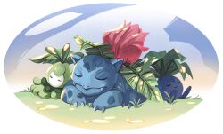 absurdres claws closed_eyes closed_mouth commentary creatures_(company) english_commentary fangs full_body game_freak gen_1_pokemon gen_5_pokemon grass highres ivysaur megneato nintendo no_humans nostrils oddish outdoors petilil pokemon pokemon_(creature) sleeping summer