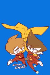 2boys belt brown_hair chibi copyright_name cyborg_009 full_body gun holding jet_link looking_at_viewer male_focus mota multiple_boys scarf shimamura_joe simple_background smile weapon