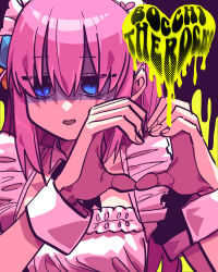 1girl apron bags_under_eyes black_dress blue_eyes bocchi_the_rock! commentary copyright_name cube_hair_ornament dress gotoh_hitori hair_between_eyes hair_ornament heart heart_hands highres long_hair maid maid_headdress margare parted_lips pink_hair shaded_face short_sleeves simple_background solo symbol-only_commentary upper_body white_apron wrist_cuffs