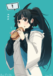 ! 1girl artemis_of_the_blue atelier_live billyonthestraw black_hair blue_background blue_nails blue_tongue character_name colored_tongue food food_on_face hair_ribbon highres holding holding_food hood hood_down hoodie mcdonald&#039;s mole mole_under_eye ponytail ribbon shark_fin shark_girl sharp_teeth solo teeth virtual_youtuber white_hoodie wide_sleeves