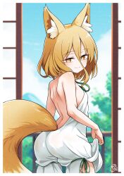 1girl animal_ear_fluff animal_ears ass back bare_shoulders blonde_hair blue_sky blush breasts clothes_lift cloud day fox_ears fox_girl fox_tail green_ribbon hair_between_eyes highres indoors kudamaki_tsukasa looking_at_viewer looking_back outdoors ribbon romper scavia10 short_hair sideboob sky sliding_doors small_breasts solo tail touhou tree two-tone_tail white_romper yellow_eyes