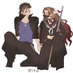 Rule 34 | 1boy, 1girl, aerith gainsborough, aerith gainsborough (midgard seventh high school), artist name, black gloves, black hair, black jacket, black pants, black sailor collar, black serafuku, black skirt, blue shirt, brown hair, chain belt, closed eyes, collarbone, commentary request, cropped jacket, cropped shirt, delinquent, facing another, feet out of frame, final fantasy, final fantasy vii, final fantasy vii ever crisis, flower, gakuran, gloves, hair flower, hair ornament, hair ribbon, highres, holding, jacket, jewelry, long hair, long skirt, looking to the side, mask, midriff, mouth mask, neckerchief, necklace, official alternate costume, open clothes, open jacket, pants, parted bangs, red ribbon, ribbon, sailor collar, school uniform, serafuku, shirt, short hair, sitting, skirt, spiked hair, sukeban, tears, tori (labyrinth fft), white background, white flower, white neckerchief, zack fair, zack fair (midgard seventh high school)