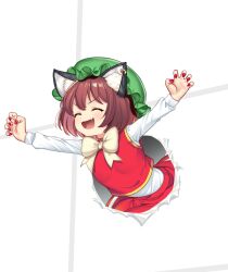 Rule 34 | 1girl, :d, \o/, animal ear fluff, animal ear piercing, animal ears, arms up, bent over, breaking through wall, brown hair, cat ears, chen, claw pose, closed eyes, commentary request, double-parted bangs, earrings, fang, hair between eyes, happy, hataraki kuma, jewelry, leaning forward, nail polish, open mouth, outstretched arms, red nails, simple background, single earring, smile, solo, touhou, v-shaped eyebrows, white background