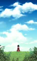 1girl bowl cloud day female_focus hat japanese_clothes kimono purple_hair satou_yuuki short_hair sky solo sukuna_shinmyoumaru touhou