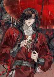 Rule 34 | 1boy, belt, bishounen, black hair, bracelet, braid, branch, bug, butterfly, butterfly necklace, chinese clothes, earrings, eyepatch, flower, hair over one eye, hanfu, highres, holding, holding flower, holding umbrella, hua cheng, insect, jewelry, leaf, long hair, long sleeves, looking at viewer, male focus, mandarin collar, necklace, oil-paper umbrella, one eye covered, parted lips, rain, red eyes, red flower, red hanfu, red umbrella, ronpu cooing, side braid, silver belt, silver bracelet, silver necklace, single braid, smile, solo, string, string around finger, string of fate, tianguan cifu, umbrella, upper body, white butterfly, white flower, yuanlingpao