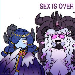 ... 2girls blue_hair blue_skin breasts chaos_(warhammer) choker closed_mouth colored_skin demon_girl demon_horns disappointed english_text forehead_jewel genderswap genderswap_(otf) hair_over_breasts hair_over_one_eye highres horns long_hair looking_at_viewer multiple_girls nude open_mouth pink_eyes pink_hair pink_skin slaanesh surprised tempura_person tzeentch warhammer_40k white_background wide-eyed wings yellow_eyes