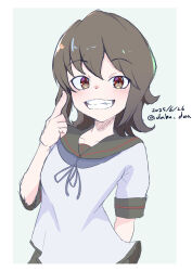 1girl absurdres black_hair black_sailor_collar blue_neckerchief brown_eyes dabu_dora dated grin highres kantai_collection looking_at_viewer miyuki_(kancolle) miyuki_kai_ni_(kancolle) neckerchief one-hour_drawing_challenge sailor_collar sailor_shirt shirt short_hair smile solo twitter_username upper_body white_shirt
