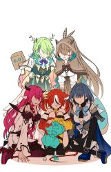 Rule 34 | 5girls, :d, animal ears, antlers, aqua bow, black hair, blue bow, blue bowtie, blue hair, blue shoes, bow, bowtie, breasts, brown bow, brown bowtie, brown capelet, brown hair, capelet, ceres fauna, ceres fauna (1st costume), cleavage cutout, closed mouth, clothing cutout, commentary, dice, dress, english commentary, feather hair ornament, feathers, flower, friend (nanashi mumei), gradient hair, green hair, hair flower, hair intakes, hair ornament, hakos baelz, hakos baelz (1st costume), highres, hololive, hololive english, holopromise, hood, hood up, horns, irys (hololive), irys (irys 2.0) (hololive), ka klstar, layered dress, long hair, looking at another, mouse ears, mouse girl, mouse tail, multicolored hair, multiple girls, nanashi mumei, nanashi mumei (1st costume), no eyes, open mouth, ouro kronii, ouro kronii (1st costume), pink hair, pink shoes, pointy ears, ponytail, red hair, rune hair ornament, shirt, shoes, simple background, smile, streaked hair, tail, tail bow, tail ornament, teeth, twintails, virtual youtuber, white background, white dress, white flower, white hair, white shirt, wings, yellow bow