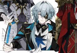 3boys anaxa_(honkai:_star_rail) aqua_hair armor ascot black_gloves black_jacket blue_eyes chain closed_mouth coat english_text eyepatch fingerless_gloves gloves head_out_of_frame highres holding holding_pen honkai:_star_rail honkai_(series) jacket lapels male_focus medium_hair multiple_boys mydei_(honkai:_star_rail) notched_lapels one_eye_covered oo_1y pauldrons pen phainon_(honkai:_star_rail) pink_pupils shirt shoulder_armor side_ponytail single_glove single_pauldron sitting standing twitter_username upper_body watermark white_ascot white_background white_coat white_shirt