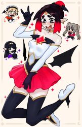 Rule 34 | 4girls, \m/, absurdres, bare shoulders, beret, black footwear, black gloves, black hair, blonde hair, blush, boots, chibi, choker, commentary, detached sleeves, detached wings, earrings, eleanor (justadrian), embarrassed, english commentary, excited, fangs, full body, gloves, gradient hair, grey hair, hat, high heel boots, high heels, highres, jewelry, justadrian (yoadriandk), licorice (justadrian), long hair, looking at another, low wings, magical girl, mavie (justadrian), miniskirt, multicolored hair, multiple girls, open mouth, original, pleated skirt, pointy ears, purple skirt, red hair, red skirt, scarlett (justadrian), short hair, skirt, sparkle, star-shaped pupils, star (symbol), symbol-shaped pupils, thick eyebrows, thigh boots, thighhighs, tiara, twintails, two-tone hair, vampire, wings, zettai ryouiki