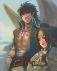 1boy 1girl abs bandages brown_eyes brown_hair couple elincia_ridell_crimea feathered_wings fire_emblem fire_emblem:_path_of_radiance fire_emblem:_radiant_dawn gloves green_hair hanakago hand_on_own_chest hetero laguz_(race) long_hair lowres nintendo outdoors pointy_ears scar short_hair sky smile tibarn_(fire_emblem) wings