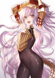 1girl armor black_bodysuit bodystocking bodysuit breastplate cygames doushite gauntlets gloves granblue_fantasy hair_spread_out light_purple_hair long_hair looking_at_viewer medusa_(shingeki_no_bahamut) pointy_ears red_eyes red_gloves shadowverse shingeki_no_bahamut snake_hair solo tail