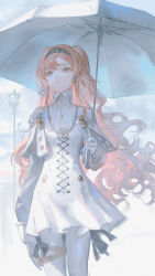 1girl curly_hair dress gloves hairband highres holding holding_umbrella long_hair open_mouth orange_hair regulus_(reverse:1999) reoen reverse:1999 solo umbrella white_dress white_gloves white_umbrella yellow_eyes