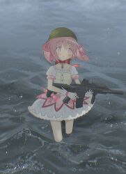 Rule 34 | 1girl, ak-47, assault rifle, choker, dress, gem, gloves, gun, highres, holding, holding gun, holding weapon, kalashnikov rifle, kaname madoka, machine gun, magical girl, mahou shoujo madoka magica, pink dress, pink eyes, pink hair, pink ribbon, red choker, red gemstone, ribbon, rifle, short hair, short twintails, thousand yard stare, twintails, wading, water, weapon, white dress, white gloves, x x dame