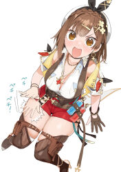 1girl atelier_(series) atelier_ryza belt breasts brown_eyes brown_hair cleavage conto earrings gloves hair_ornament hairclip hat highres jewelry lap_pillow lap_pillow_invitation large_breasts looking_at_viewer medium_breasts necklace open_mouth red_shorts reisalin_stout short_hair short_shorts shorts simple_background slapping solo star_(symbol) thick_thighs thighhighs thighs translation_request vial white_background white_hat