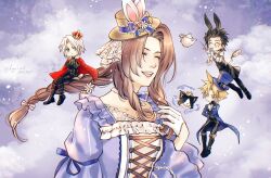Rule 34 | 1girl, 3boys, aerith gainsborough, aerith gainsborough (classic coney), animal ears, aqua eyes, black fur, black gloves, black hair, black hat, black pants, blonde hair, blue choker, blue coat, blue dress, braid, braided ponytail, breasts, brown hair, butler, cait sith (final fantasy), cape, chibi, choker, closed eyes, cloud strife, coat, crossed arms, crown, cup, dated, dress, final fantasy, final fantasy vii, final fantasy vii ever crisis, flower, full body, gloves, gold trim, grey hair, hair between eyes, hair flower, hair ornament, hair slicked back, half gloves, hand on own chest, hat, holding, holding cup, kay-i, long hair, long sleeves, medium breasts, mini crown, mini hat, monocle, multiple boys, official alternate costume, open mouth, pants, parted bangs, pocket watch, puffy long sleeves, puffy sleeves, rabbit ears, red cape, ribbon choker, sephiroth, sephiroth (ever crisis), sephiroth (shinra formal uniform), short hair, sidelocks, single braid, smile, spiked hair, teacup, teapot, top hat, tuxedo cat, twitter username, two-tone fur, upper body, watch, white fur, white gloves, zack fair, zack fair (bunny butler)