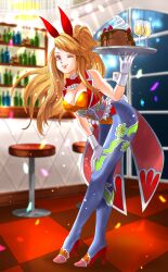 1girl absurdres animal_ears blonde_hair bottle breasts cake cleavage closed_mouth elizabeth_(saga) fake_animal_ears food full_body gloves high_heels highres long_hair looking_at_viewer official_art one_eye_closed pantyhose romancing_saga_re;universe saga smile solo white_gloves wine_bottle yusaku_kon