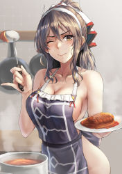 1girl adapted_costume apron ashigara_(kancolle) ashigara_kai_ni_(ichibankuji)_(kancolle) ashigara_kai_ni_(kancolle) blush breasts brown_eyes brown_hair cowboy_shot female_focus hair_between_eyes highres kantai_collection kokuzou large_breasts long_hair naked_apron one_eye_closed plate purple_apron rice smile solo