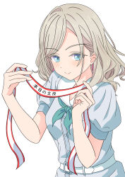 1girl absurdres aqua_neckerchief blue_dress blue_eyes breast_pocket ceras_yanagida_lilienfeld closed_mouth commentary_request dress grey_hair hair_ribbon hasu_no_sora_school_uniform highres holding_headband kara_iroha link!_like!_love_live! long_hair long_sleeves looking_at_viewer love_live! neckerchief pink_ribbon pocket puffy_short_sleeves puffy_sleeves ribbon sailor_collar sailor_dress school_uniform short_sleeves simple_background smile solo split_mouth summer_uniform unworn_headband upper_body virtual_youtuber white_background white_sailor_collar
