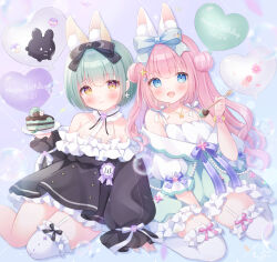 2girls :d animal_ear_fluff animal_ears balloon bare_shoulders black_bow black_dress blue_bow blue_eyes blush bow bracelet cake cake_slice character_request check_copyright closed_mouth collarbone commentary_request copyright_request cross cross_earrings double_bun dress earrings flower_bracelet food frilled_dress frills gold_necklace green_dress green_hair hair_bow hair_bun happy_birthday heart_balloon highres holding holding_plate holding_spoon indie_virtual_youtuber jewelry long_hair long_sleeves multiple_girls necklace omochi_monaka open_mouth pink_hair plate rabbit_ears rabbit_girl seiza short_hair single_thighhigh sitting smile spoon star_(symbol) star_necklace thighhighs virtual_youtuber white_thighhighs yellow_eyes