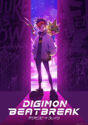 Rule 34 | 1boy, absurdres, anime coloring, announcement, black shirt, blue hair, commentary request, copyright name, digimon, digimon (creature), digimon beatbreak, facial mark, forehead mark, full body, glasses, glowing, glowing eye, graffiti, hands in pockets, highres, jacket, multicolored hair, official art, open clothes, open jacket, purple theme, red eyes, red hair, shirt, short hair, tongue, tongue out, translation request, two-tone hair, white jacket