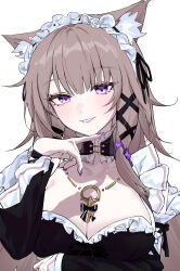 1girl absurdres alternate_costume animal_ear_fluff animal_ears b1n_(b1n982079) black_dress border breasts brown_hair cat_ears cleavage dress herta_(honkai:_star_rail) highres honkai:_star_rail honkai_(series) jewelry key key_necklace large_breasts long_hair looking_at_viewer maid maid_headdress necklace parted_lips purple_eyes solo the_herta_(honkai:_star_rail) upper_body white_background