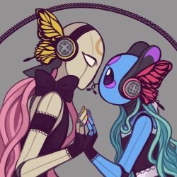 2girls black_bow black_dress black_mittens blue_skin bow bug butterfly cable circle_facial_mark colored_skin dress facial_mark grey_background grey_skin headphones highres insect iterator_(rain_world) joints looking_at_another looks_to_the_moon luna/moon_(egguca) magnet_(vocaloid) mittens multiple_girls no_humans no_mouth no_nose pink_butterfly pink_nails rain_world robot robot_ears sliver_of_straw wide-eyed yellow_butterfly yellow_nails