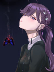 1girl ahoge black_jacket blue_butterfly braid bug butterfly butterfly_hair_ornament commentary_request gakuen_idolmaster gokugetsu_academy_school_uniform hair_ornament highres honznas idolmaster insect jacket kaya_rinha long_hair looking_at_viewer mole mole_on_neck purple_eyes school_uniform shaft_look shirt solo twintails upper_body white_shirt
