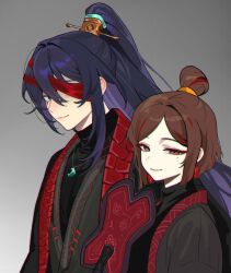 Rule 34 | 1boy, 1girl, bandage over one eye, black eyes, black hair, black hanfu, black sweater, brown eyes, brown hair, chinese clothes, cosplay, family hierarch candidate (identity) (project moon), grey background, hair bun, hand fan, hanfu, high ponytail, highres, hong lu (project moon), jewelry, jia family (identity) (project moon), limbus company, long hair, looking at viewer, mole, mole under eye, moony (past desiderium), necklace, past desiderium, ponytail, project moon, red hair, red streaks, simple background, sweater, upper body, very long hair, zigong (project moon), zigong (project moon) (cosplay)