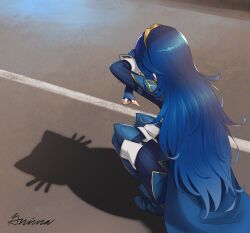 1girl armor blue_boots blue_cape blue_gloves blue_hair boots cape cat_shadow_puppet_(meme) commission fingerless_gloves fire_emblem fire_emblem_awakening gloves grimaisbestwaifu highres long_hair lucina_(fire_emblem) meme nintendo shadow_puppet short_hair shoulder_armor signature solo squatting tiara