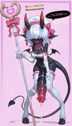 1futa bare_shoulders black_skin bow breasts cleavage colored_skin copyright_request cum demon_girl demon_horns demon_tail demon_wings elbow_gloves futanari gloves hair_bow hair_over_eyes heart highres holding holding_staff hooves horns huge_penis lower_teeth_only medium_breasts medium_hair penis pink_bow reagan_long sharp_teeth solo speech_bubble spiked_penis staff tail teeth thighhighs white_gloves white_hair white_thighhighs wings