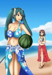 2girls alternate_costume beach bikini breasts brown_hair chibiosaka chiyoda_(kancolle) cloud cloudy_sky floral_print food footprints fruit green_eyes green_hair headband highres holding holding_food isuzu_(kancolle) kantai_collection large_breasts looking_to_the_side multiple_girls ocean sand sandals sash shaved_ice sky smile stick swimsuit walking watermelon