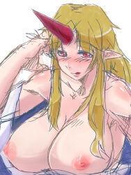 1girl :q blonde_hair blue_kimono blush breasts closed_mouth commentary_request cone_horns horns hoshiguma_yuugi hoshiguma_yuugi_(kimono) huge_breasts japanese_clothes kimono long_hair looking_at_viewer mori_shin_risuku nipples parted_bangs pointy_ears red_eyes red_horns simple_background single_horn sketch smile solo tongue tongue_out touhou upper_body white_background