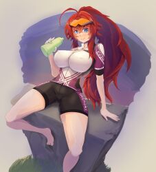 1girl absurdres ahoge barefoot bike_shorts blue_eyes bodysuit breasts covered_erect_nipples eyewear_on_head feet high_school_dxd highres huge_ahoge large_breasts long_hair multicolored_bodysuit nipples ponytail purple_bodysuit red_hair rias_gremory short_sleeves solo sportswear tinted_eyewear toes veeveer_art very_long_hair white_bodysuit