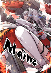 1girl absurdres azur_lane black_hairband braid character_name cross cross_earrings earrings from_below hairband highres holding holding_sword holding_weapon jewelry mainz_(azur_lane) oriue_wato rigging sketch solo sword thigh_strap thighhighs weapon white_hair white_thighhighs