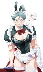 2boys absurdres animal_ears bara beard bulge challia_bull char_aznable commentary_request covered_navel cowboy_shot crossdressing eye_mask facial_hair fake_animal_ears gloves green_eyes green_hair green_leotard gundam gundam_gquuuuuux helmet highres hmok_asari leotard looking_at_viewer maid male_focus male_maid male_playboy_bunny multiple_boys muscular muscular_male mustache neck_ribbon pectorals playboy_bunny rabbit_boy rabbit_ears ribbon short_hair shrug_(clothing) simple_background smile strapless strapless_leotard thighhighs translation_request white_background white_thighhighs